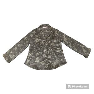 Victoria’s Secret Black Satin Button Up Top with Green Floral Pattern, Size S